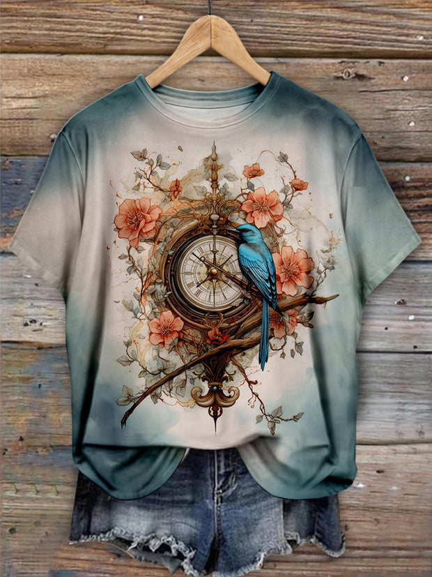 Retro Clock And Bird Prinded Crew Neck T-shirt