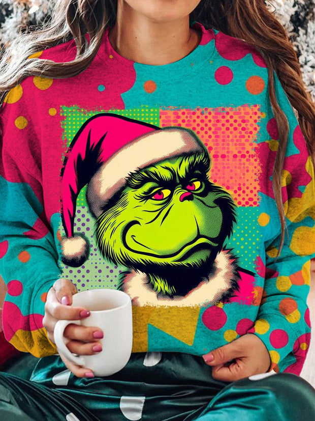 Pop Retro Christmas Printed Long Sleeve Casual Top