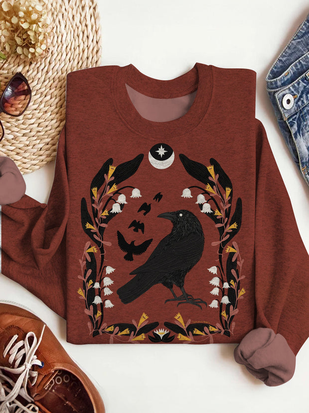 Women's Vintage Crow Botanical Print Crew Neck Casual Sweatshirt