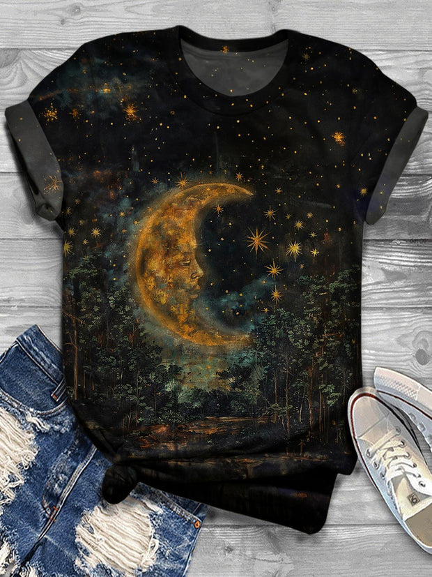 Women's Night Sky Moon Oil Painting Printed Round Neck T-shirt