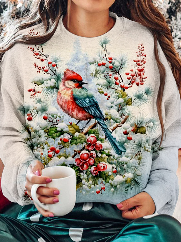 Snow Forest Red Bird Printed Long Sleeve Casual Top