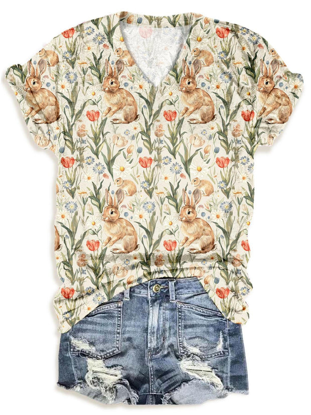 Happy Easter Floral Rabbit V-neck T-Shirt