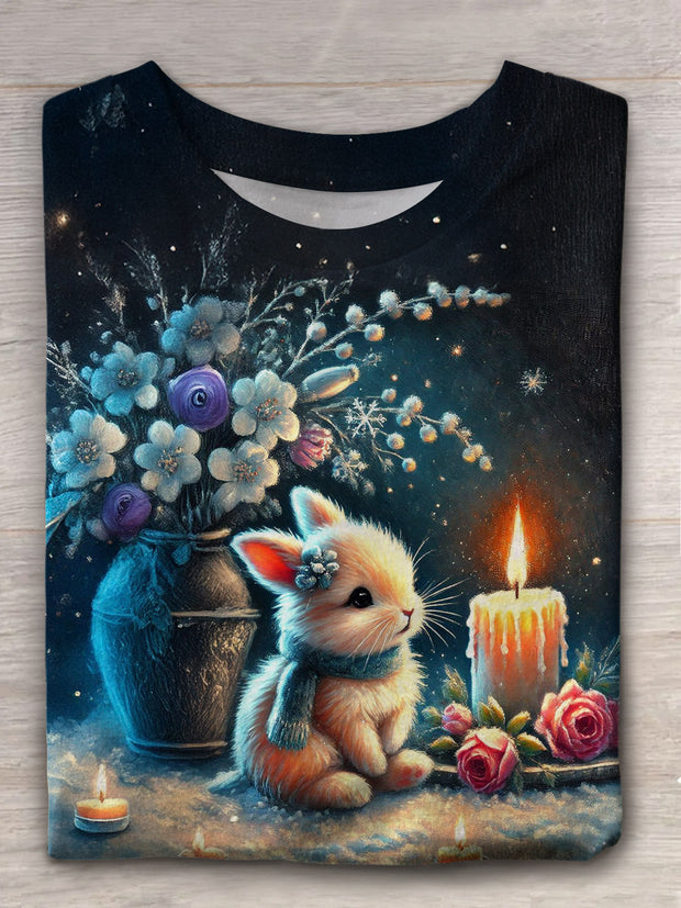 Women's Cute Rabbit Night Sky Candlelight Floral Print Casual T-shirt