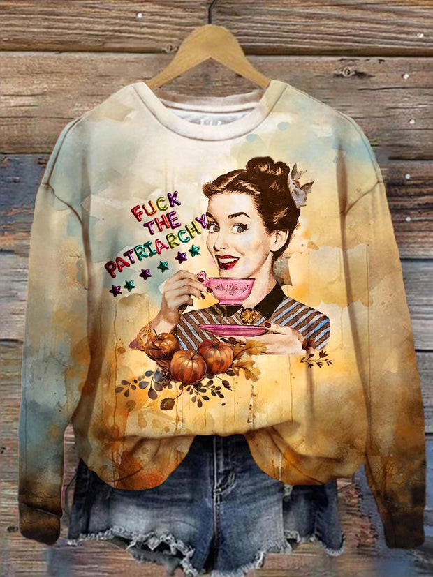 Fuck The Patriarchy Vintage Distressed Print Casual Crewneck Top