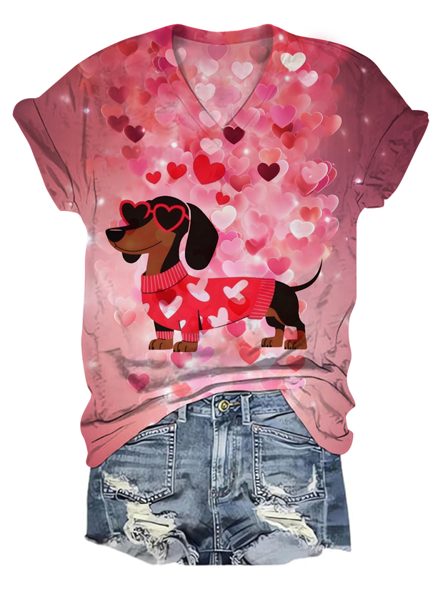 Dachshund Valentines Heart Design V-Neck T-Shirt