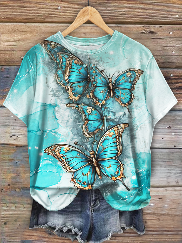 Marble Watercolor Metal Butterfly Art Crew Neck T-shirt