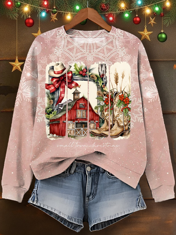 Christmas Small Town Printed Long Sleeve Casual Top