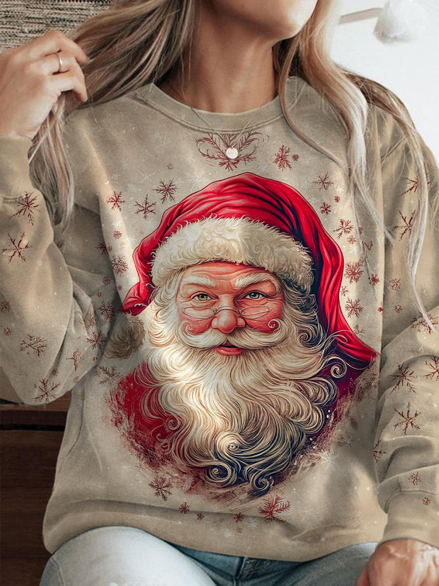 Women's Retro Santa Print Crew Neck Casual Sweatshirt