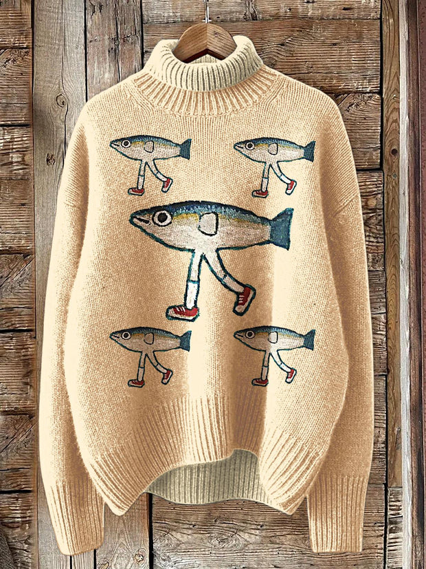 Women's Walking Fish Funny Print Turtleneck Fleece Sweatshirt