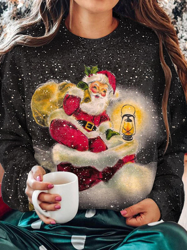 Women's Christmas Santa Night Sky Print Long Sleeve Top