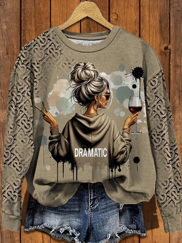 Women's Adult Ironic DRAMATIC Printed Round Neck Long Sleeve Top