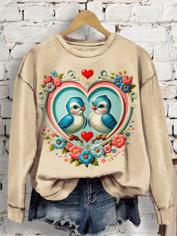 Women's Retro Valentine's Day Bird Heart Print Casual Long Sleeve Top