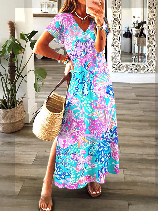 Vacation Marine Life Short Sleeve V Neck Maxi Dress