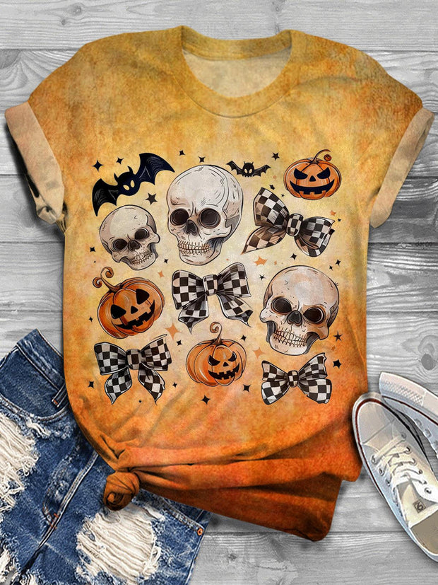 Skulls And Checkered Bows Crew Neck T-shirt