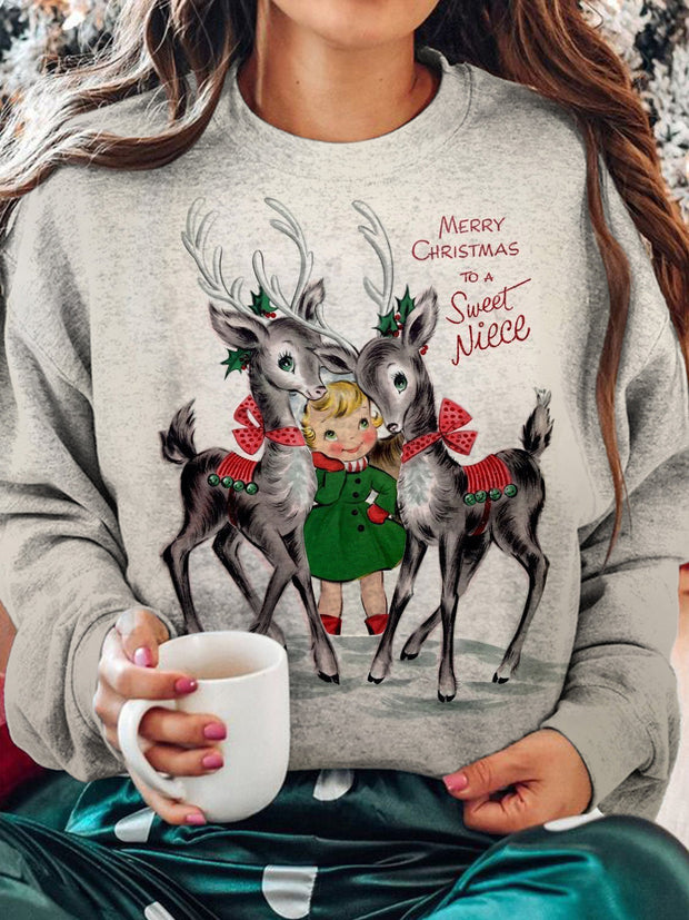 Women's Christmas Girls Elk Vintage Print Casual Long Sleeve Top