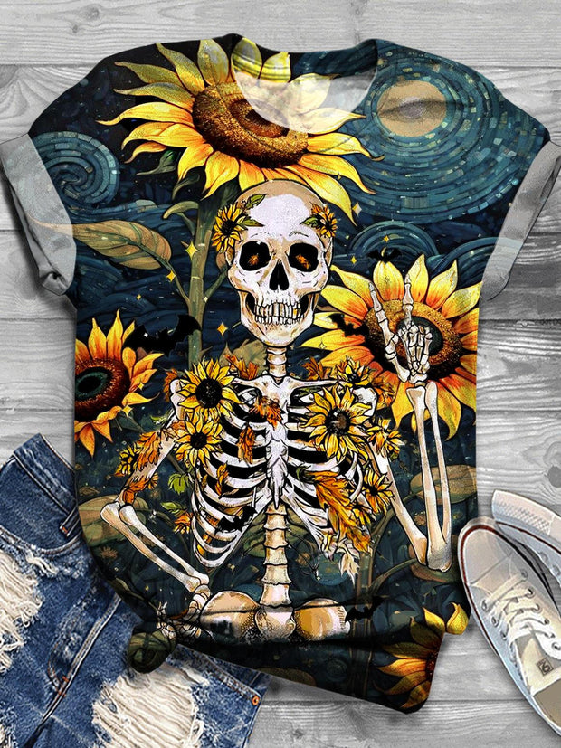 Women's Retro Halloween Autumn Sunflower Skull Crew Neck T-shirt