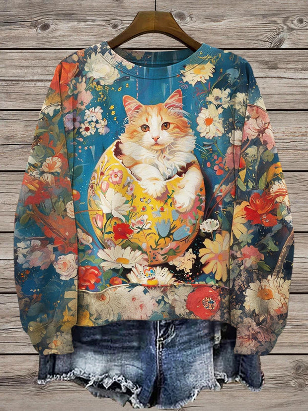 Cute Cat Flowers Vintage Art Printed Long Sleeve Casual Top