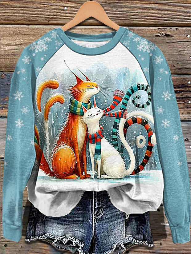 Women's Christmas Scarf Cat Print Long Sleeve Casual Top