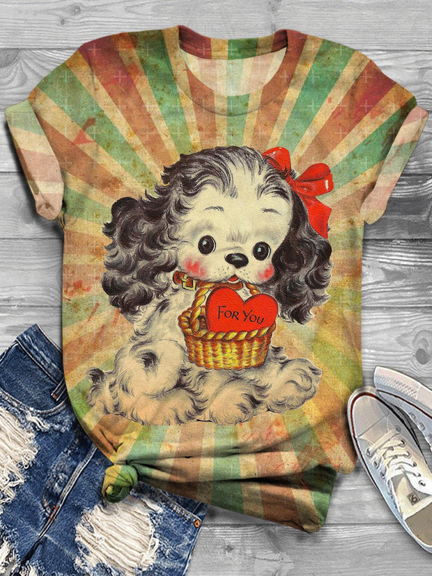 Women's Vintage Valentine's Day Cute Dog Animal Print T-Shirt