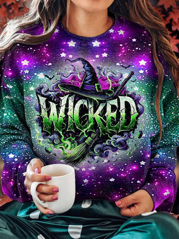 Women's Halloween Wicked Witch Print Round Neck Long Sleeve Top