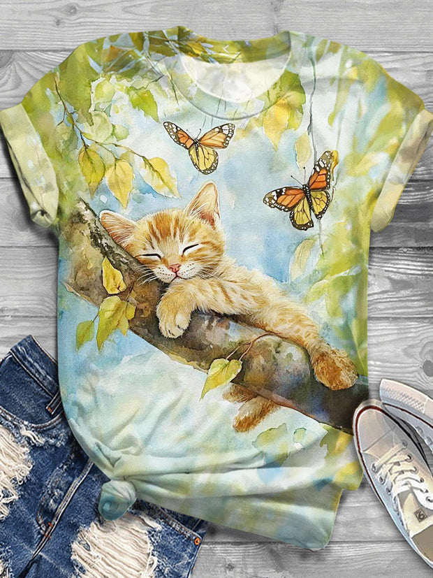 Floral Butterfly Cute Kitten Print Crew Neck T-shirt