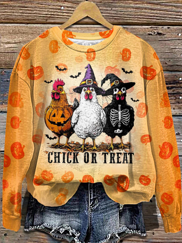 Women's Halloween Pumpkin Chicken Round Neck Long Sleeve Top