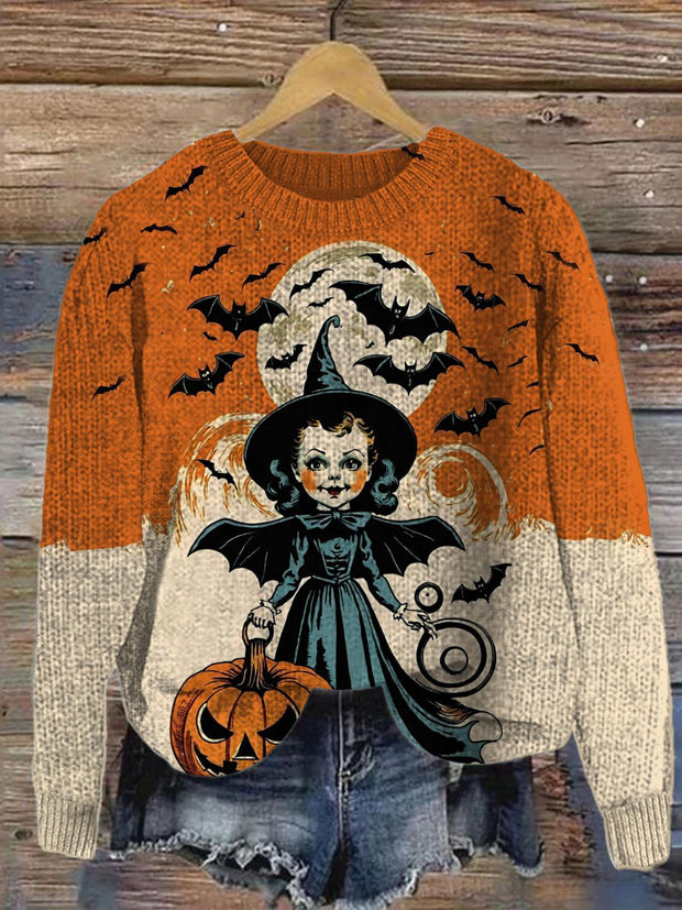 Women's Halloween Girls Pumpkin Bat Crew Neck Long Sleeve Sweater