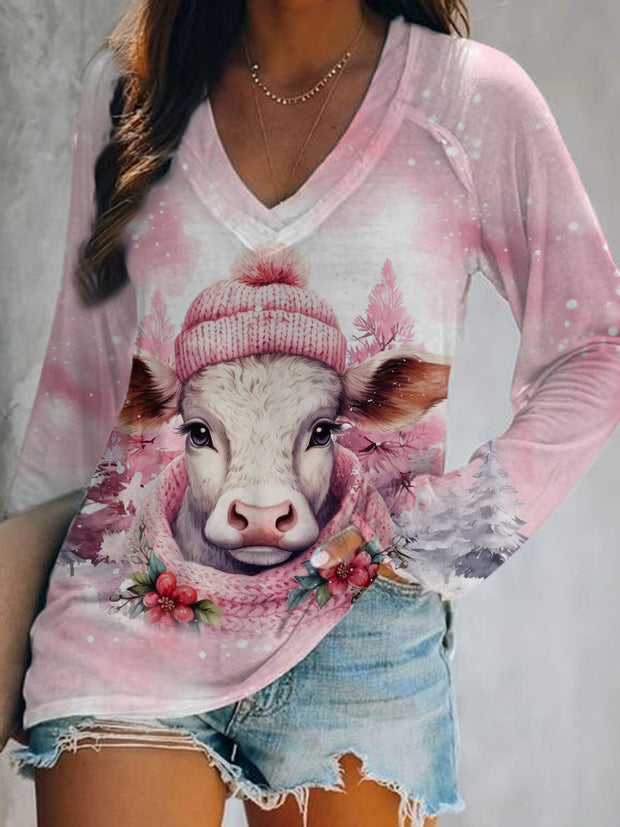 Women's Pink Christmas Cow Print V-Neck Long Sleeve Top