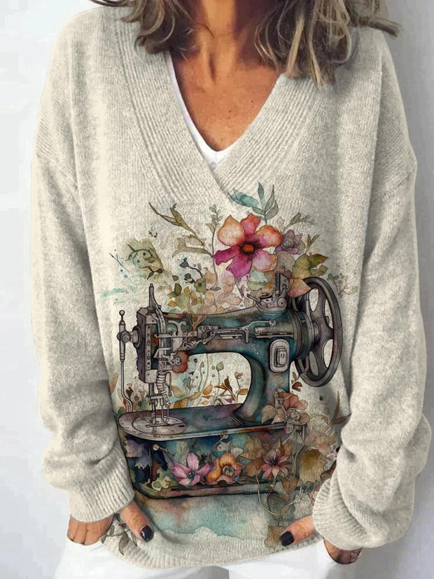 Women's Sewing Machine Floral Print V-neck Casual Sweater