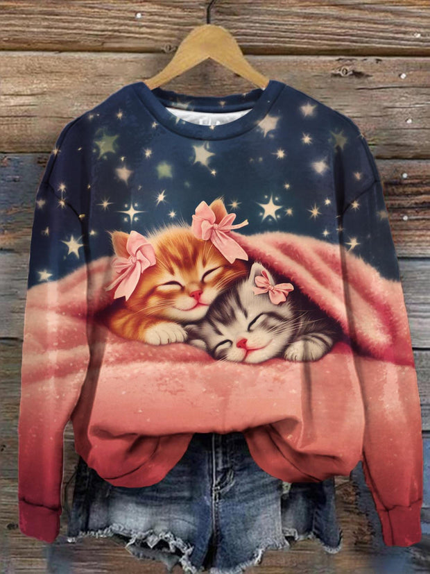 Women's Cute Cat Hibernation Night Sky Star Print Long Sleeve Top