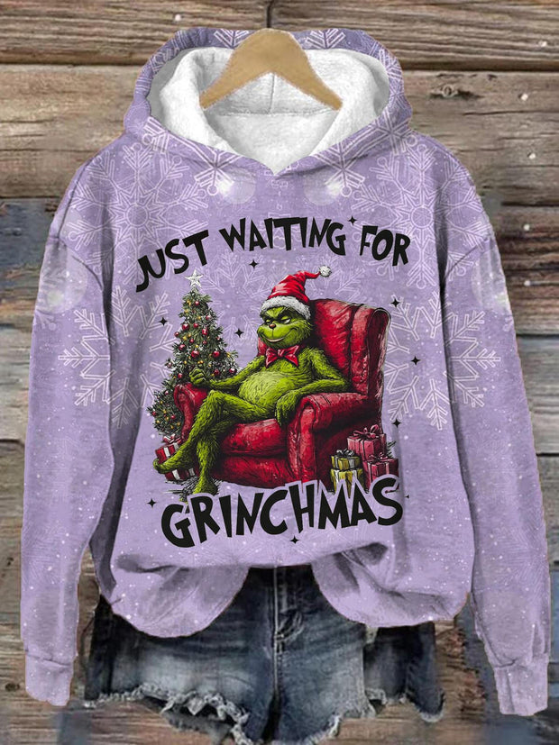 Just Waiting For Grinchmas Long Sleeve Printed Hoodie