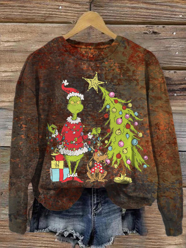 Decorate The Christmas Tree Printed Long Sleeve Casual Top