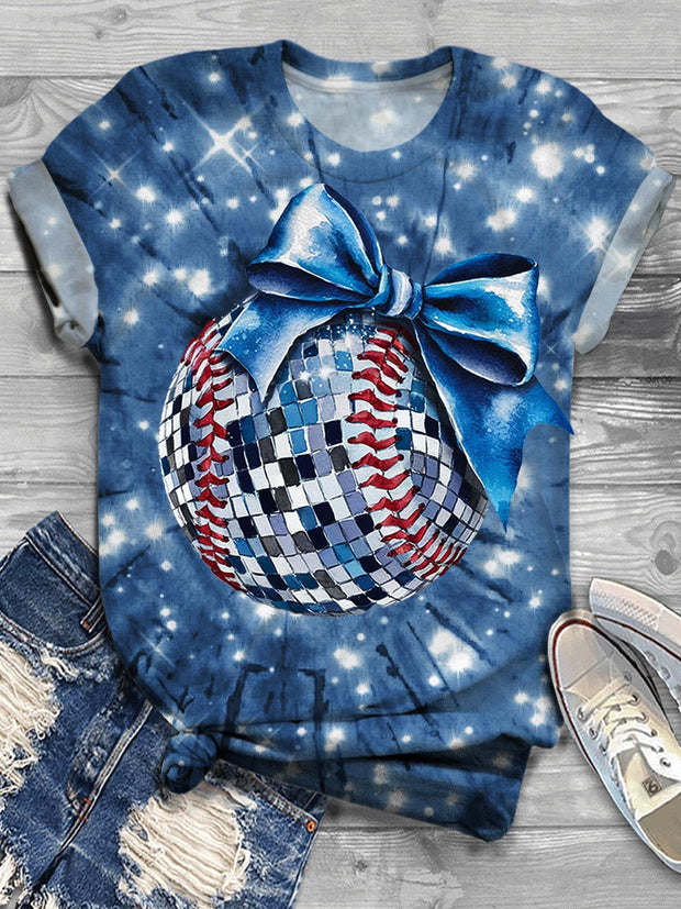 Women's Cute Ball Bow Tie Dye Print Round Neck Casual T-shirt