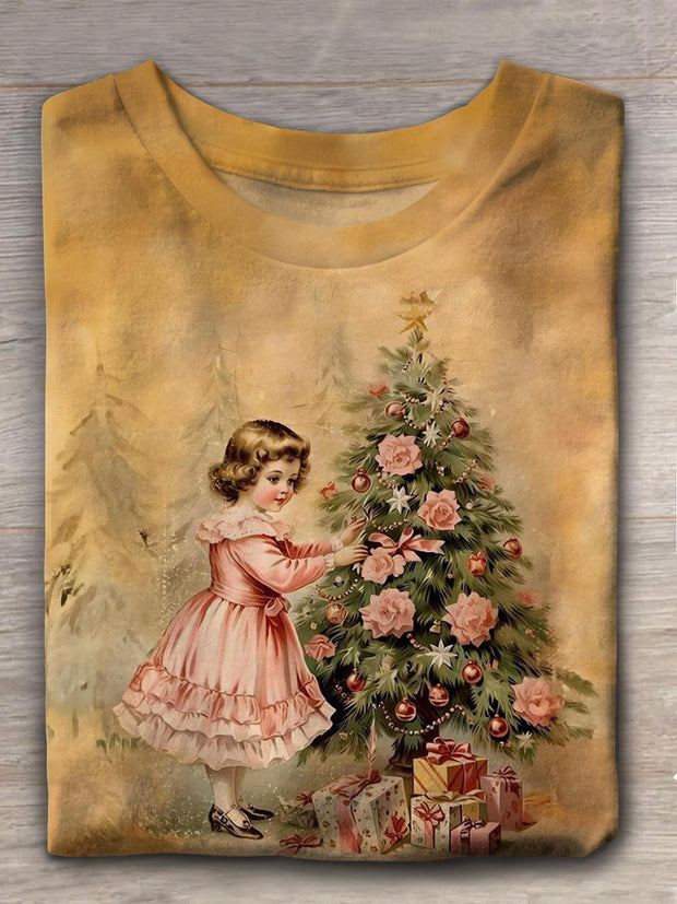 Women's Christmas Girls Christmas Tree Vintage Casual Crew Neck T-Shirt