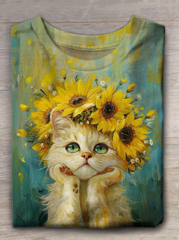 Women's Cute Cat Sunflower Oil Painting Print Casual Round Neck T-shirt