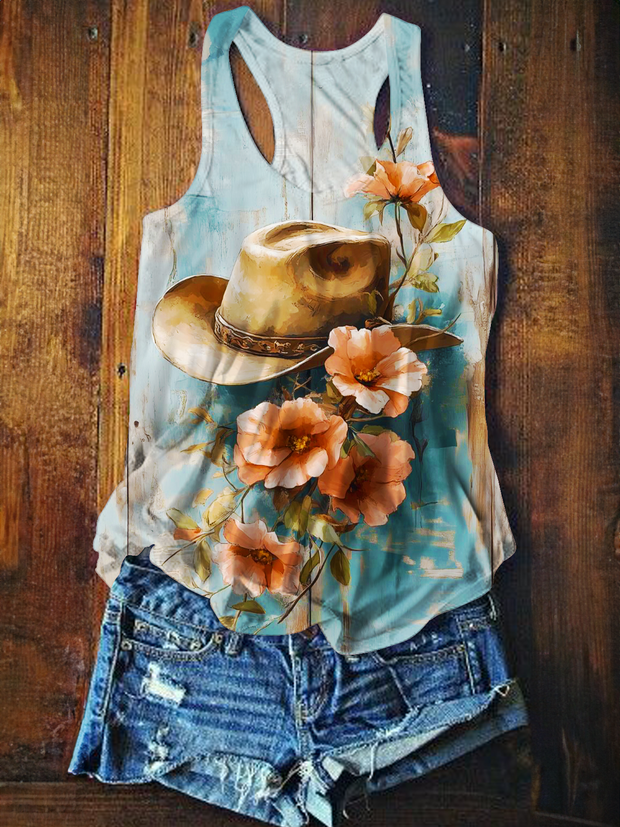 Vintage Western Floral Cowboy Hat Printed Casual Tank Top
