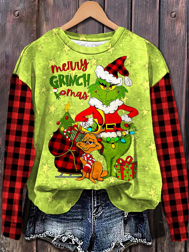 Christmas Green Color Block Printed Long Sleeve Casual Top