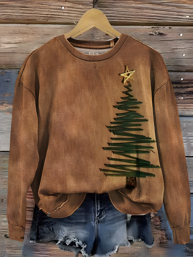 Retro Christmas tree Printed Long Sleeve Casual Top