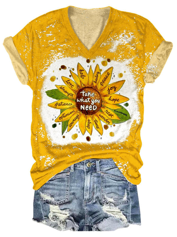 Women's Vintage Sunflower Print V-Neck T-Shirt