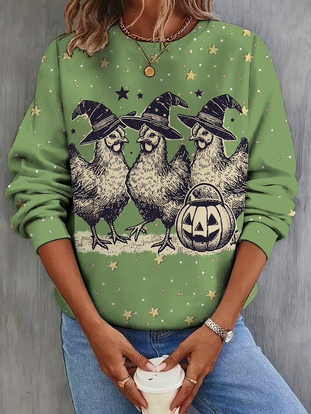 Women's Halloween Rooster Pumpkin Stars Retro Print Long Sleeve Top