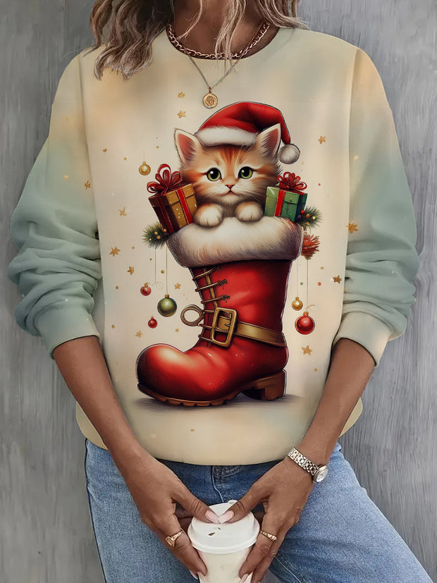 Women's Cute Christmas Cat Long Sleeve Casual Top