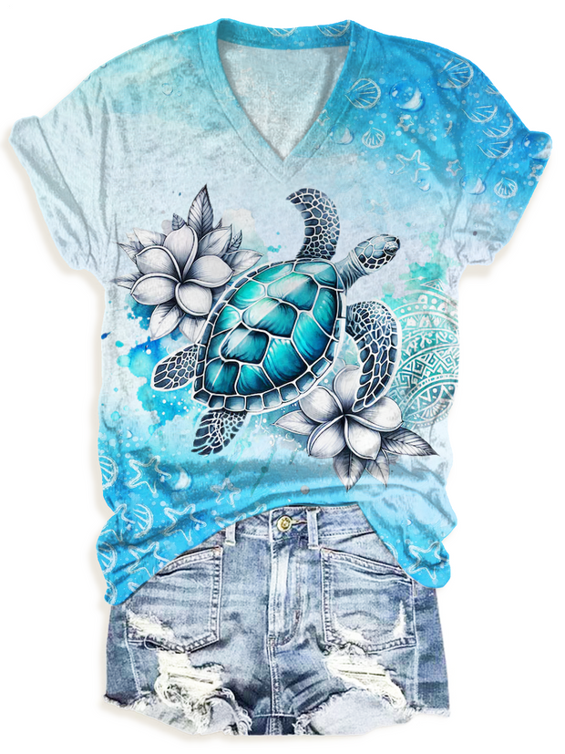 Watercolor Gradient Floral Sea Turtle Art V-neck T-Shirt