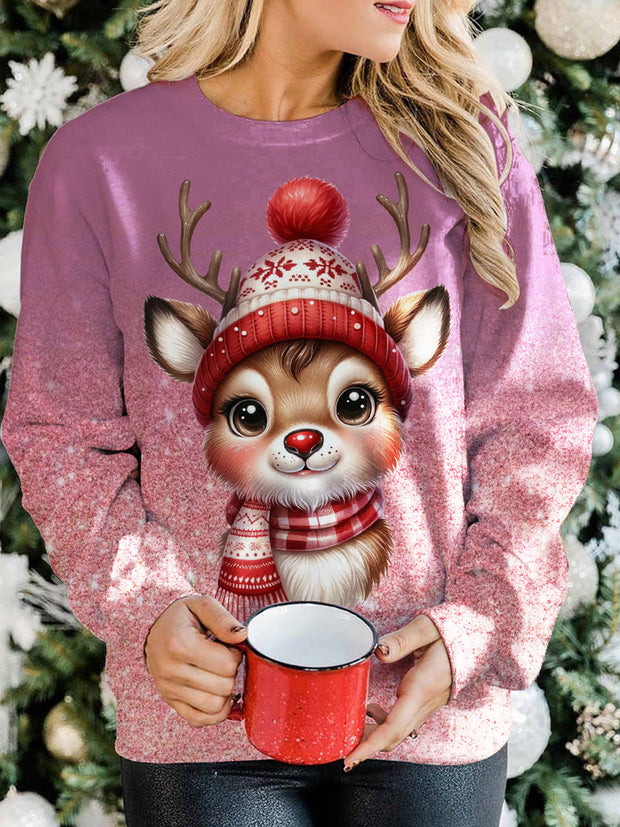 Women's Christmas Winter Elk Print Long Sleeve Top