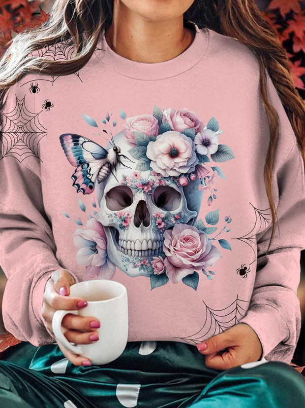 Women's Trendy Floral And Skull Round Neck Long Sleeve Top