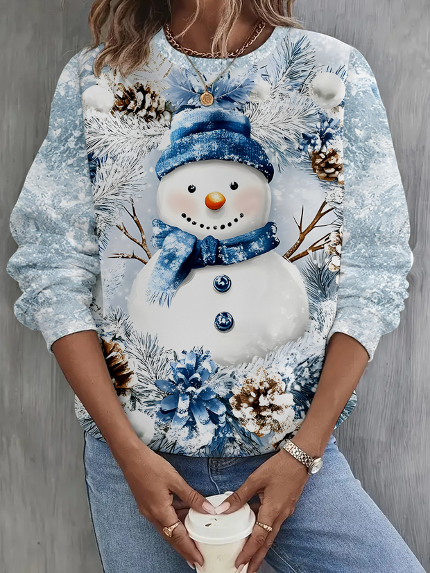 Winter Christmas Snowman Printed Long Sleeve Casual Top