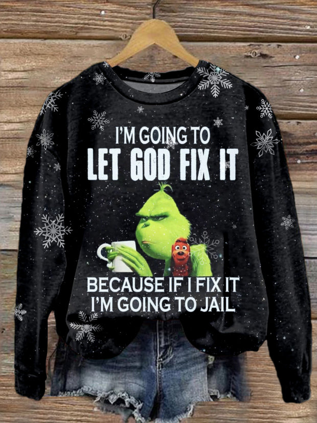 I'm Going To Let God Fix It Printed Long Sleeve Casual Top