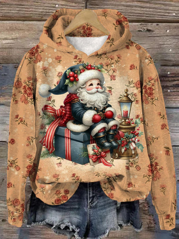 Women's Santa Claus Gift Vintage Print Hooded Casual Top