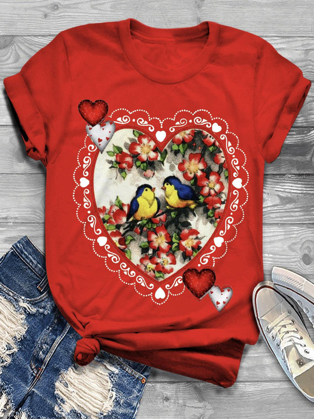 Women's Vintage Valentine's Day Birds Flowers And Hearts Print T-Shirt