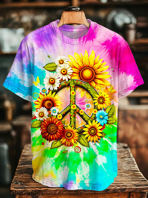 Hippie Daisy Sunflower Love And Peace Art Crew Neck T-shirt