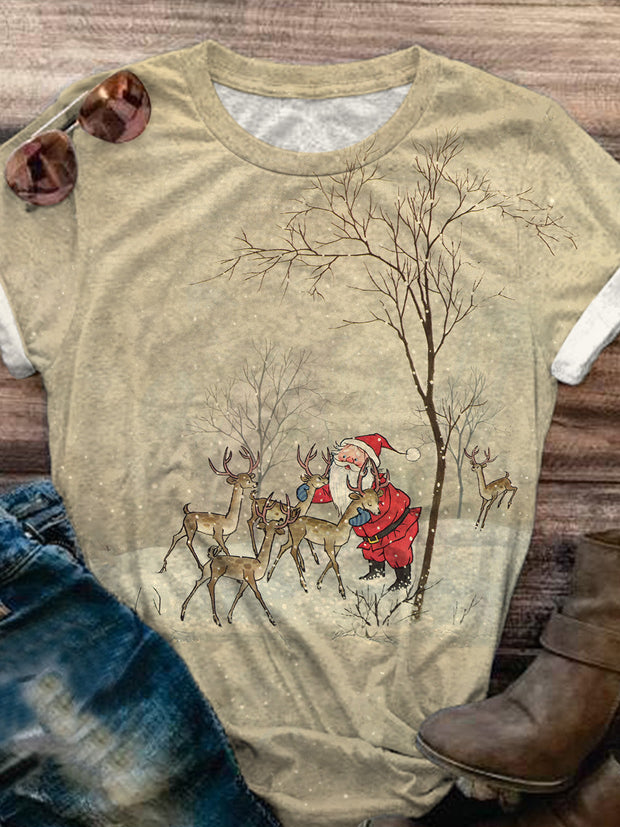 Women's Christmas Santa Claus Forest Snow Scene Printed Casual T-shirt